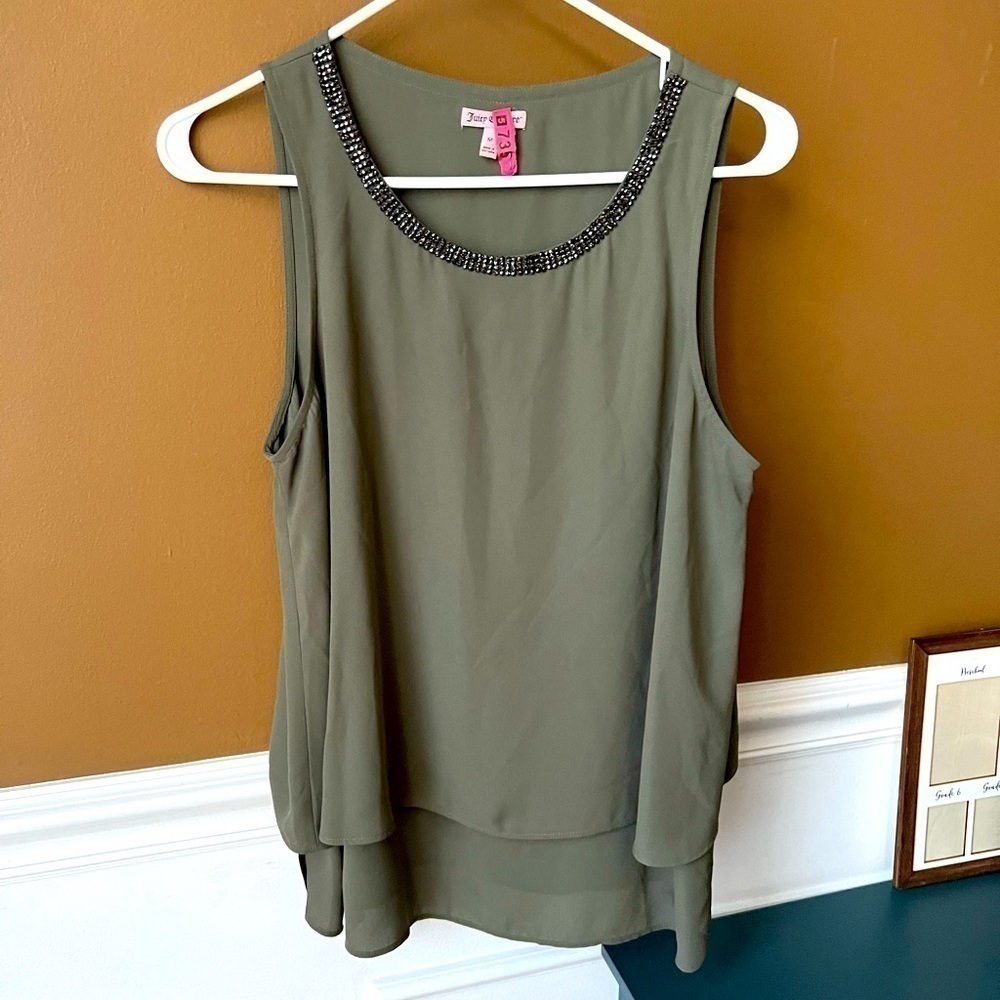 Juicy Couture Olive Green W/ Embellished Neckline Sleeveless Blouse Career M